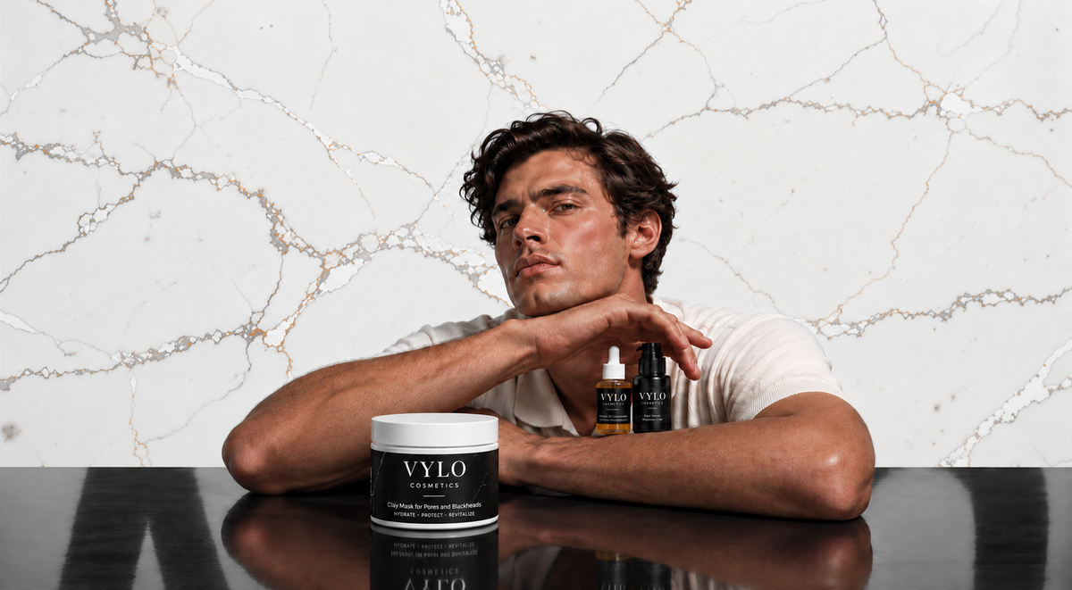 VYLO Cosmetics — hombre con productos VYLO sobre mármol blanco